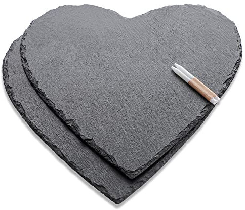 WLWNWFT Lot de 2 grandes assiettes en ardoise en forme de cœur de 30 cm avec stylo à craie - Plateau de service en ardoise noire - Cœurs en ardoise pour servir et écrire