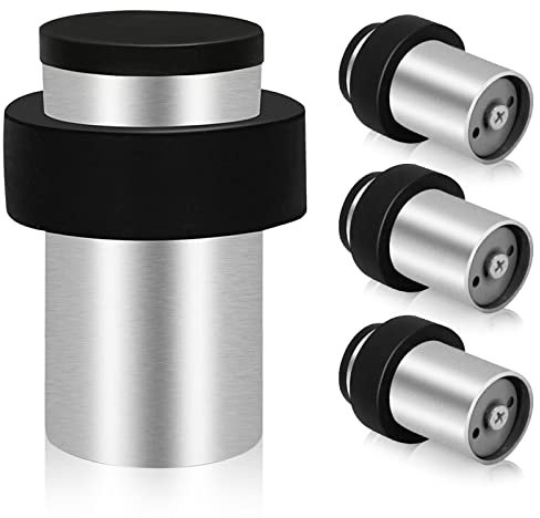 TOKPLNU Door Stops, 4 Pack Floor Mounted Door Stop Stainless Steel Heavy Duty Floor Wall Door Stoppers for Skirtings, Modern Tall Outdoor Doorstop with Sound Dampening Rubber Tip & Ring, 64mm, Silver