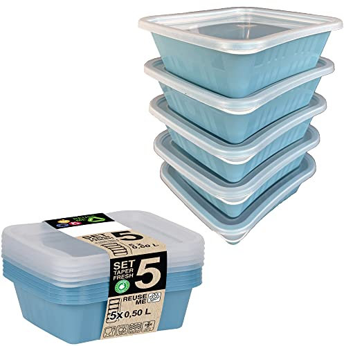 ActivoTex Tuppers hermeticos de plastico - Pack de Tapers grandes para alimentos 0,5L x 5 uds Azul. - Tupers con tapa - Envases fiambrera sin BPA - Tappers reutilizables - Durarero y Seguro