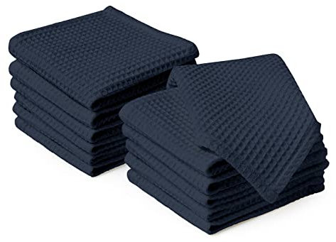 Encasa XO Kitchen Dish Towels Set | Navy | Waffle Weave and Flat Hand Tea Towel | 30x30 cm | Quick Drying Reusable Cotton Washcloths | Multipurpose Lightweight Dishcloths Set of 12