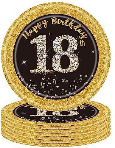 16Pcs 18th Birthday Black Gold Paper Plates 7 inch,18th Black Gold Birthday Party Paper Plates,Happy 18thBirthday Tableware Decorations for Her,Him,Men,Women,Birthdays Gifts Party Supplies