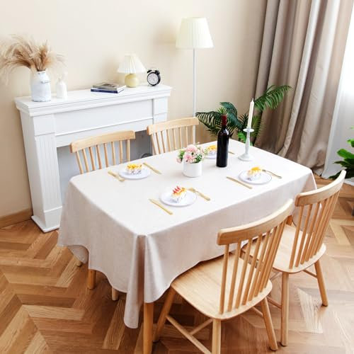Velway Leinen Tischdecke, wasserdicht, 140x200 cm, rechteckige Tischtuch, abwischbar, 6 bis 8 Sitzer-Esstischdecke, waschbare Stofftischdecke für drinnen und draußen, für Küche, Party, Beige, 1 Stück