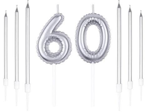 mciskin Juego de velas de cumpleaños plateadas, velas número 60 con 6 velas largas, juego de 60 velas, juego 60, vela feliz, decoraciones de tartas para fiestas, bodas y aniversarios