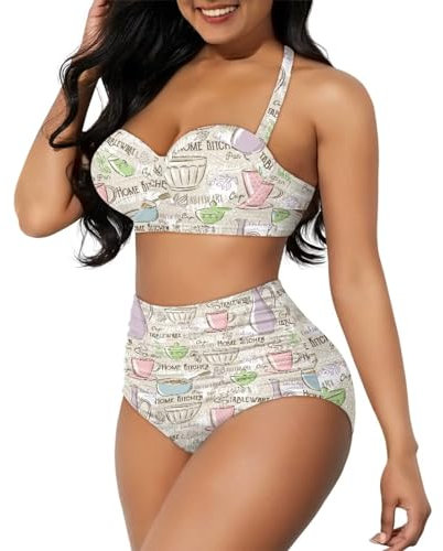 Xoenoiee Bikini taille haute 2 pièces pour femme - Contrôle du ventre - Haut dos nu avec bas, Tasses, XL