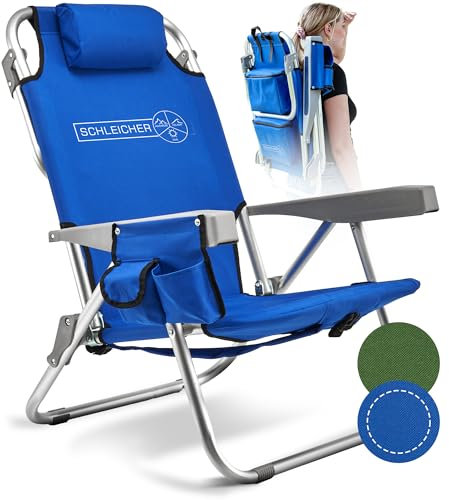 Schleicher - Strandstuhl Campingstuhl Klappstuhl Outdoorstuhl Klappbar Faltbar Ultraleicht Rucksack Kühlfach 150kg belastbar Kissen Getränkehalter Strand Camping Reisen Outdoor - JETZT Farbe WÄHLEN