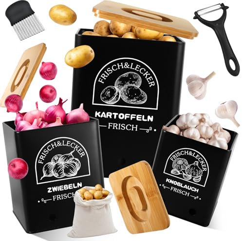 ITMNMNL Kartoffel Aufbewahrungsbox,Vorratsdose 3er Set,Kartoffel Zwiebel Knoblauch Aufbewahrung,Kartoffelbox mit Belüftungssystem Hält Gemüse Länger Frisch, Aufbewahrungsbox kartoffeln- Schwarz