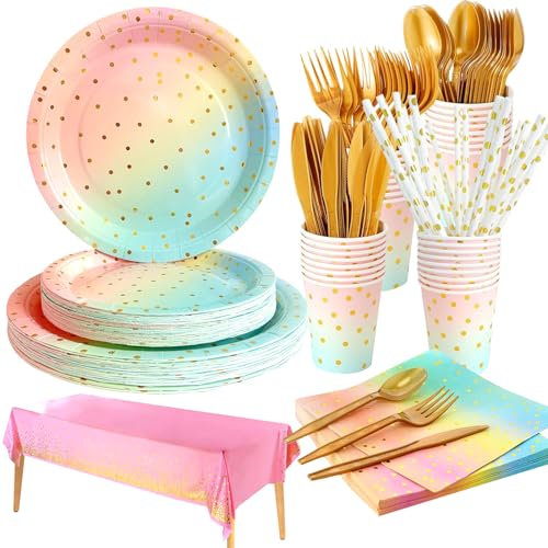 Anniversaire Vaisselle de fete, Assiette Arc en Ciel, Serviettes Gobelets en papier Fourchette en bois Cuillère en bois pour Party Decoration Baby Shower (A)