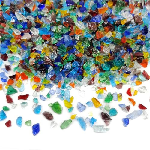 Ocefeiyue Farbiges zerkleinertes Glas für Harzkunst, zerbrochene Feuerglasstücke für Tisch-Feuerstelle, Basteln, Heimdekoration, Vasenfüller, gemischte Farben, 425 ml