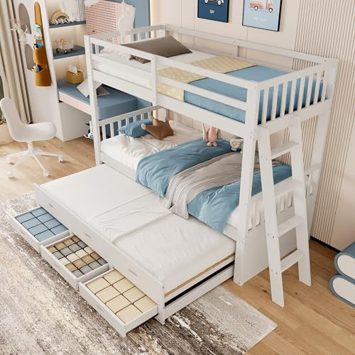 Sapgaks Litera infantil 90 x 200 cm, cama entrepiso de 2 plazas, cama infantil con barrera, entrepiso escalera, con escalera y nido y 3 cajones, color blanco