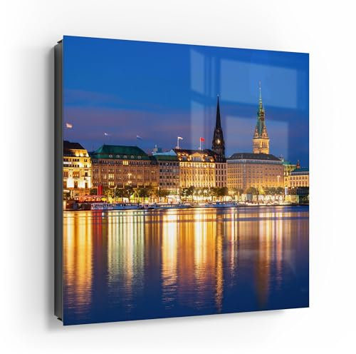 DEQORI Schlüsselkasten schwarz | 30x30 cm | Motiv Hamburg bei Nacht | Glas & Metall Schlüssel-Box | Schlüsselschrank mit 50 Haken + 2 Magnete | Moderne Box magnetisch & beschreibbar