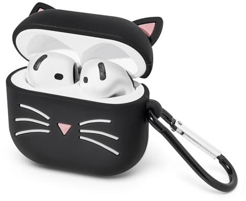 Mouzor Custodia per AirPods 4, simpatica custodia per AirPods 4a generazione (2024) con simpatico gatto nero con motivo cartone animato 3D, antiurto, custodia di ricarica in morbido silicone con