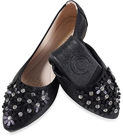YOUNIFIZ Women's Elastic Foldable Portable Pumps Bling Beads Ballet Ballerina Flats Dolly Shoes (Flower Black,Size 5)