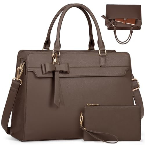 RAINSMORE Damen Groß 15.6 Zoll Laptoptasche Wasserdicht PU Leder Arbeitstasche mit Geldbörse 2-teiliges Set für Business Arbeit Schule Kaffee