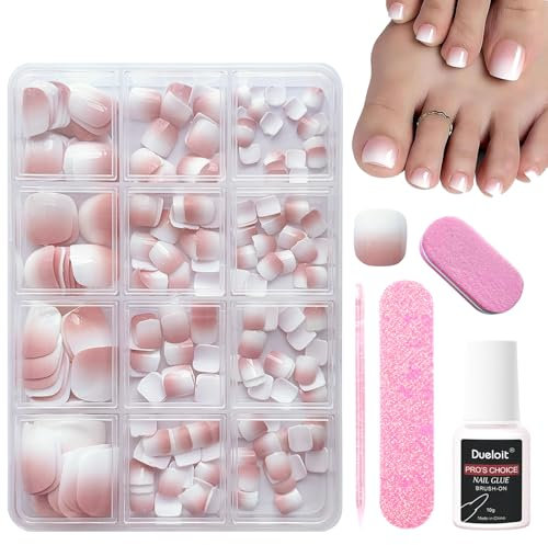 240pcs Fake Toe Nails Set, Stick on Toenails Short Square False Nails, False Toenails with Glue and Any Other Thing You Need for Fake Nails Manicure