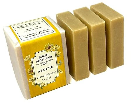 CABRERIZO SOAP Natürliche Schwefelseife Gesicht – 3 handgemachte Olivenöl-Seifen, je 75 g, gegen Akne & Mitesser