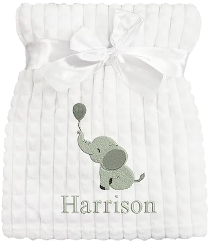 Personalised Baby Blanket Embroidered Elephant & Name Soft Fleece Wrap (Grey Elephant White Squares)