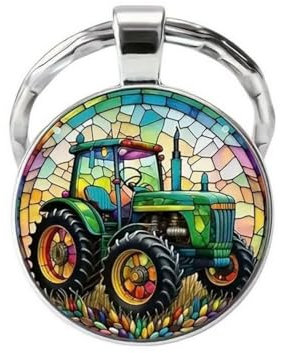 Porte-clés, bijou de sac cabochon imprimé tracteur agriculture en acier.