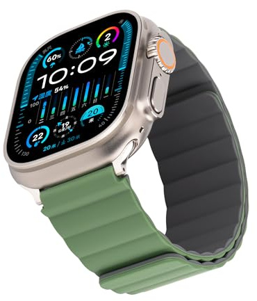 RIXENY Silikon DualLock Magnetisches Armband Kompatibel mit Apple Watch Ultra 49mm,Robuster Metall-Anschluss,Beidseitig Schließbar Armband für Ultra 2/3 Serie 11/10/9/8 SE 46/45/44/42mm