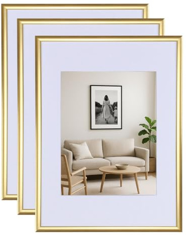 KM FOTO 3er 5er Set New Lifestyle Kunststoff Bilderrahmen mit Passepartout & Kunststoffglas Hoch- & Querform: Farbe: 3er Pack Gold | Format: 50x70