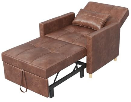 YODOLLA 3-in-1 Pull Out Sleeper Chair Bed 80cm Single Sofa Armchair, Brown | multi-position reclining backrest, practical side storage pocket, space-efficient foldable guest sleeping design