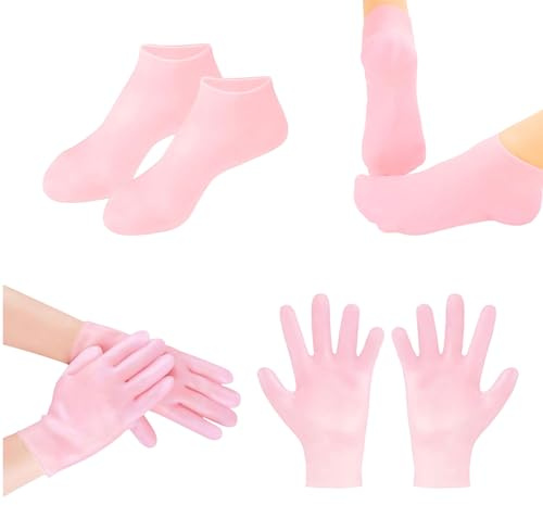 VYNZOR 1 paires de chaussettes en silicone +Gants en silicone pour pieds secs et craquelés, chaussettes hydratantes en silicone pour femme, chaussettes en silicone pour soins des pieds après pédicure