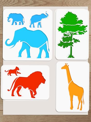 INTERWARM 4 Stück Schablonen Zum Malen Mit Afrikanischen Tieren Giraffe Elefant Löwe Wiederverwendbare Kunstvorlagen DIY Bastelschablone Zum Malen Auf Holz Wänden Türen Leinwand Stoff Heimdekoration