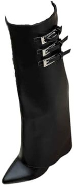 iKrush Women's Black Composition Leather Pointed Toe Fold-Over Knee High Boots Mid Block Heel