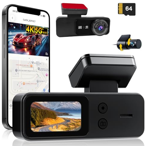 Dash Cam Front and Rear 4K+2K, 5GHz WiFi GPS Dashcam with 64GB SD Card, 1.5IPS Dual Car Dash Camera for Cars, 24H Parking Monitor, Night Vision, WDR, 170° Wide Angle, G-Sensor, App Control, Max 256G
