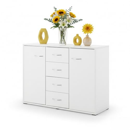Sweetcrispy komodenschrank, 4 Schubladen & 2 Türen,Weiß, 88 × 30 × 64 cm | Viel Stauraum, Sideboard Für Wohnzimmer, Flur & Schlafzimmer, Moderner Kommode