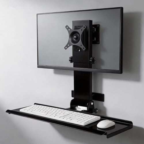 Monitor Wall Mount with Keyboard Tray Compatible with Mac Mini and Small PC Screen Wall Mount for 43-81 cm (17-32 Inch) Display VESA 75 x 75 100 x 100 Foldable Keyboard Mount