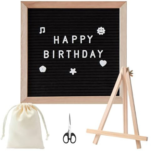 514-teiliges Letterboard aus Holz, 25,5x25,5cm, Küche Büro Hochzeit | Filz Set, Buchstaben Stecktafel, inkl. Staffelei & Schere, wechselbare Buchstabentafel, Deko