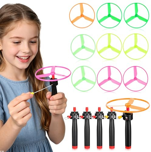 TOYANDONA 15pcs Pull String Flying Disc Helicopter Toy - 5 String Launchers And 10 Flying Saucer Disk Launcher Toy, for Outdoor Activity Birthday Party Favors