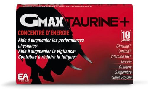 GMAX-TAURINE+ - PERFORMANCES PHYSIQUES ET VIGILANCE - Concentré D'énergie - Ginseng, Caféine, Vitamine B6, Taurine, Guarana, Gingembre, Gelée Royale - 10 Jours - 30 Ampoules Buvables - Goût Orange