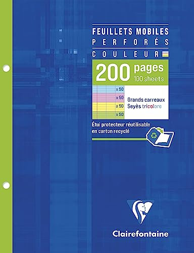 Clairefontaine 13511C Étui de Feuillets Mobiles Perforés 4 Couleurs - 17x22 cm - 200 Pages Grands Carreaux - Papier Blanc 90 g - Couleurs Assorties (50 Pages Jaunes, Bleues, Roses et Vertes)
