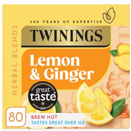 Twinings Lemon & Ginger Tea, 80 Tea Bags | Herbal Infusion, Lemon Peel, Ginger Root, Naturally Caffeine Free, No Tea Leaf, Biodegradable Tea Bags