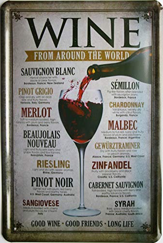 WOGEKA ART Retro Blechschild - Wine from around the world Redwine Whitewine Wein - witziger Spruch als Geschenk-Idee Geburtstag Weihnachten Deko 20x30 cm Vintage-Design Metall 749