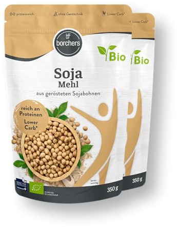BORCHERS Bio Sojamehl, 2x 350g, aus gerösteten Sojabohnen, proteinreich (41%), Lower Carb, ballaststoffreich, veganer Ei-Ersatz, Premium Mehl, zum Backen & Kochen