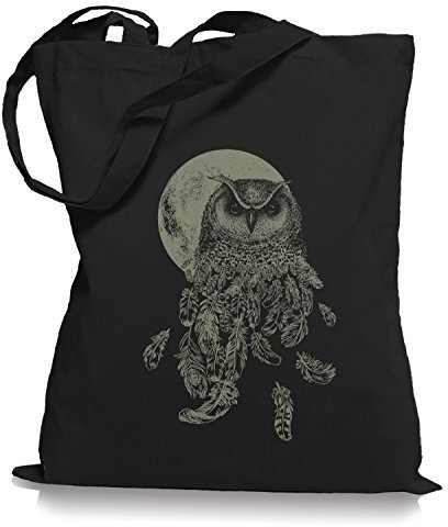 Ma2ca® Owl Moon Feathers - Mond Eule Tragetasche/Bag/Jutebeutel WM101-black