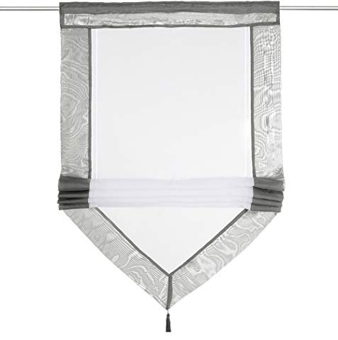 Raffrollo mit Quaste Dreieck Raffgardine Voile Transparent Tunnelzug Vorhang (BxH 60x140cm, Grau)