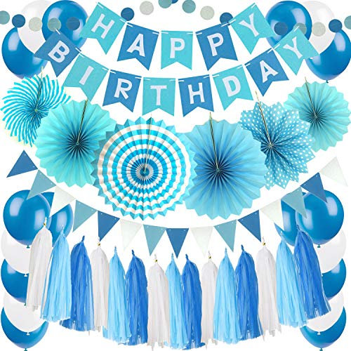 ZERODECO Geburtstagsdeko, Blau Geburtstag Dekoration Happy Birthday Girlande mit Papier Fans Fächer Dreieckige Wimpel Papier-Quaste Girlanden und Luftballon Kindergeburtstag