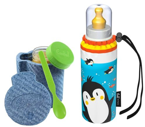 Emil Baby-Set – Thermo-Essglas mit Schraubverschluss, Thermobecher & Löffel – Babyflasche aus Glas, BPA-frei & schadstofffrei inkl. Latexsauger (0-6 Monate) & Anti-Kolik-Ventil - Pipo Pinguin©