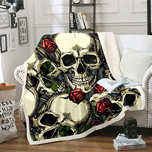 Homemissing Sherpa-Decke mit Totenköpfen, rote Rosen, Fleece-Überwurfdecke, Skelett, Plüschdecke für Sofa, Bett, gruselig, Gothic-Knochen-Stil, Doppelbett, 152,4 x 200,9 cm