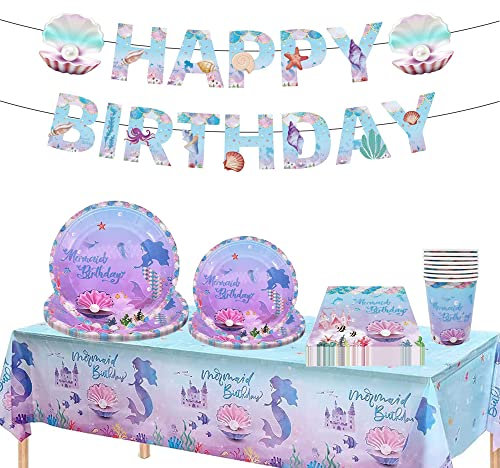 Ensemble de Vaisselle de Fête, 70 pièces Vaisselle De Fête, Vaisselle Anniversaire Fille, Anniversaire Vaisselle en Papier Sirène, Réutilisable, pour Fêtes, Anniversaires, Mariages (16 Convives)