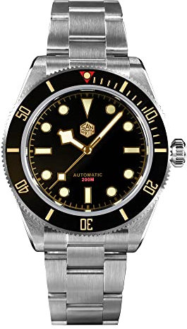 San Martin BB58 Vintage Klassische Luxus-Herrenuhr Saphirglas 20 Bar PT5000 Automatisch Mechanisch aus Edelstahl Uhren mit Riemen, schwarz, Armband