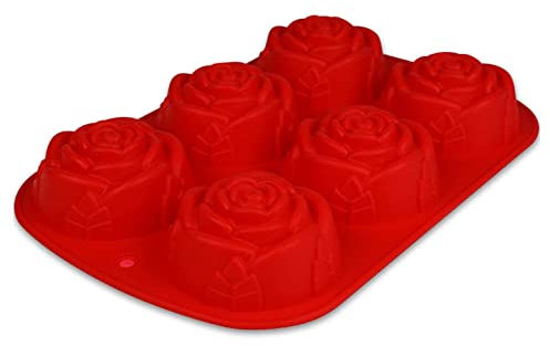 BlueFox I Muffinform mit Rosen - 24,5 x 16 x 3,5cm - 2 Backformen - Silikonform - Backform Weihnachten - Blumenform - Silikonherzbackform - Blumenmuffins - Cupcakeform - Kleine Kuchenform in 3D - Rot