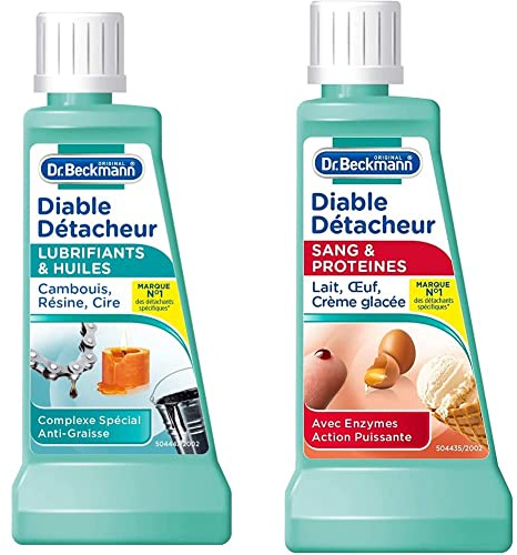 Dr. Beckmann - Diable Détacheur Lubrifiants & Huiles 50 ml - Complexe spécial anti-graisse - Lot de 3 & Set de 3 Diable Détacheur Sang & Protéines 50 ml 3 Unités