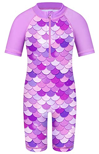 HUAANIUE Filles Maillot de Bain 1 Pièce 2-12 Ans, Anti-UV UPF 50+ Manches Courtes, Fermeture Éclair Frontale, Imprimés Colorés, Idéal pour Plage et Piscine (S406-Écailles Violettes, 10-11 Ans)