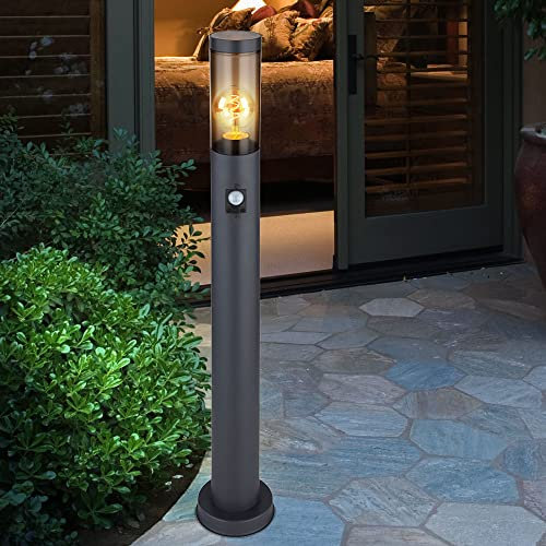 GLOBO Wegeleuchte Bewegungsmelder Stehlampe Sockelleuchte außen Gartenlampen anthrazit IP44, Standleuchte Terrasse Balkon, Edelstahl rauchfarben, 1x E27 Fassung, DxH 7,6x80cm