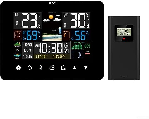 Drahtlose Wetterstation, Oniissy Touchscreen-Display Funkwetterstation Indoor Outdoor mit Sensoren, Farbdisplay Digitale Atomuhr Innen Außen Thermometer Wireless, Vorhersage Station Barometer, Wecker