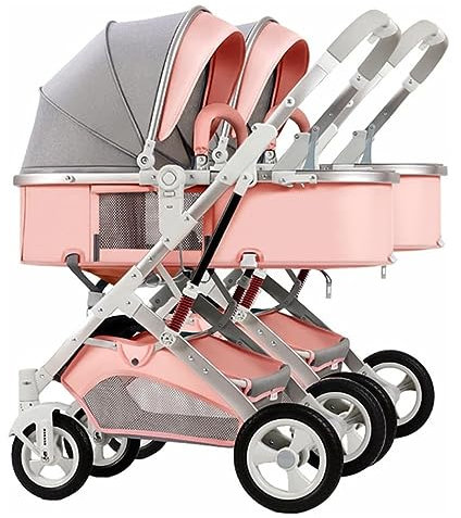 Doppel-Kinderwagen, faltbarer Zwillings-Regenschirm, Kinderwagen, Doppelsitz-Tandem-Kinderwagen, Kleinkind-Kinderwagen for Zwillinge nebeneinander, faltbarer Tandem-Kinderwagen (Color : Roze)